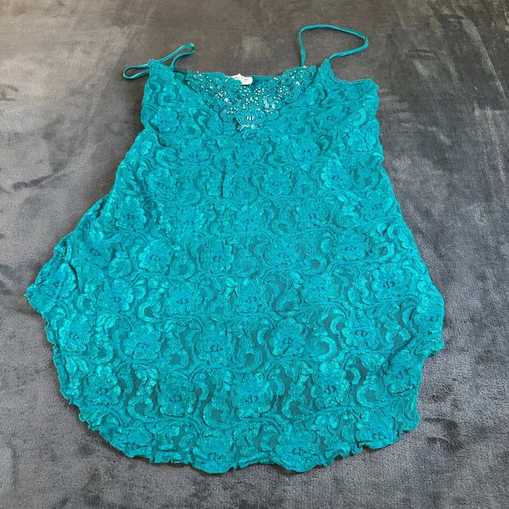 Night Magic Lace Cami Top Beaded Embellished Sleeveless Teal Womens Medium